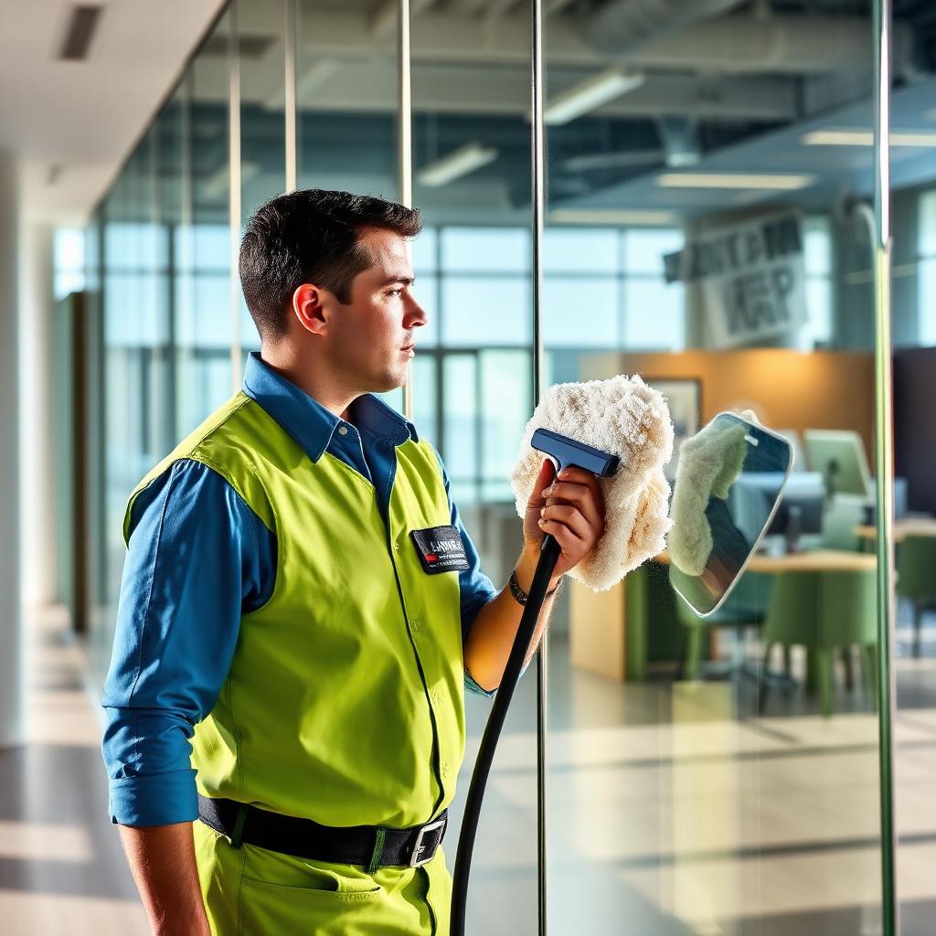 Cleaner polishing office glass wall
